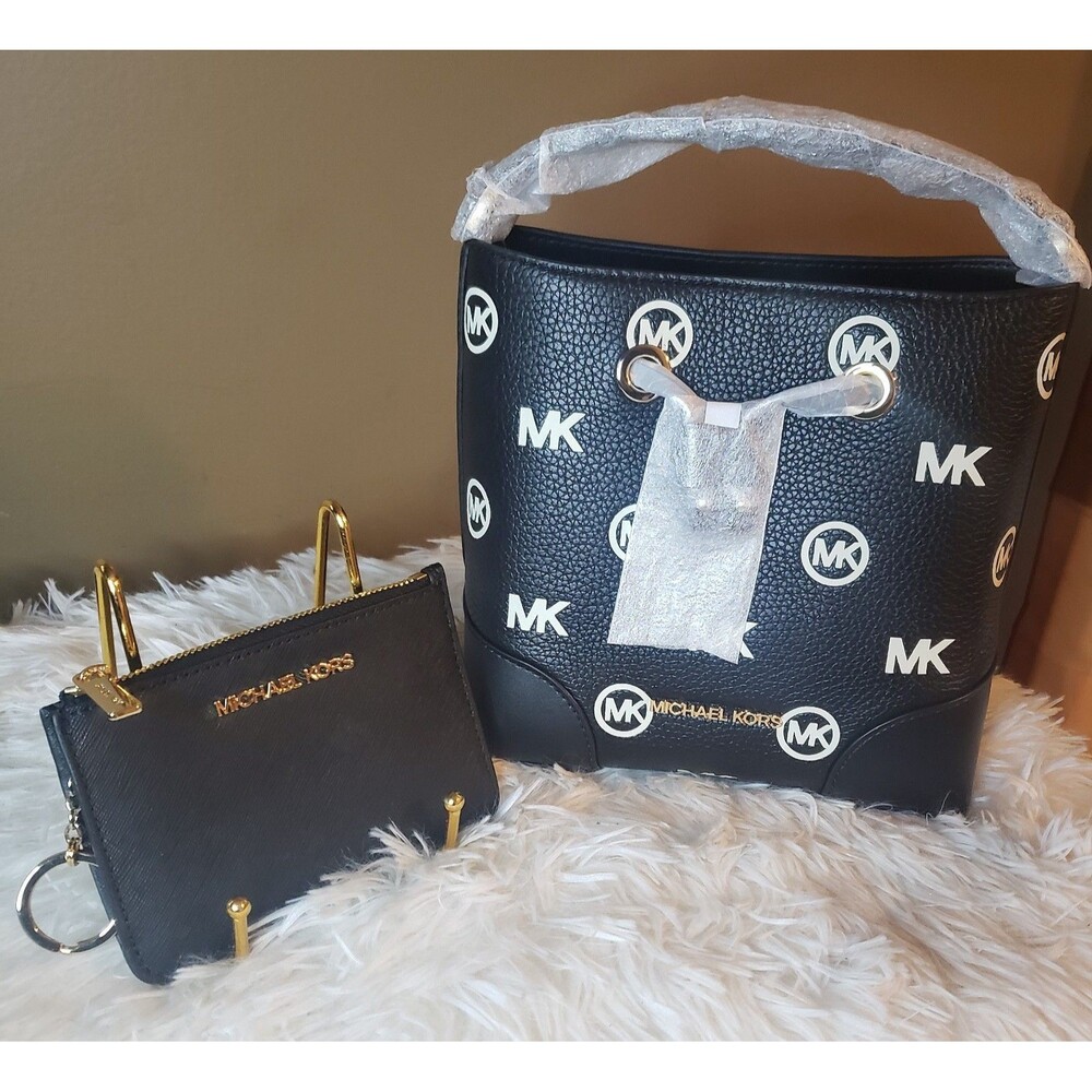 MICHAEL KORS Mercer SM Bucket Messenger Bag & Jet Set Coin Pouch Set Black NWT